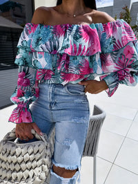 Women's Off Shoulder Floral Print Blouse with Tiered Ruffles and Long Bell Sleeves for Summer Party Wear