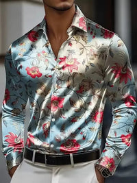 Men's long sleeved shirt, retro patterned 3D printed design, men's lapel button loose and comfortable casual vacation plus size