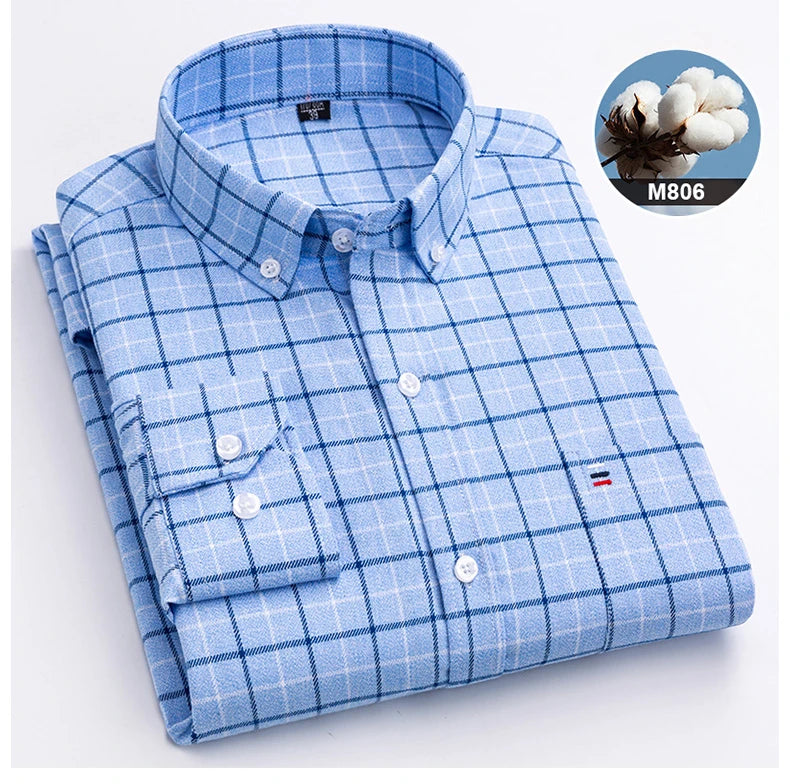 New in shirtplus size 7XL 100%cotton sanding long-sleeve shirts for men slim fit plain shirt striped plaid single pocket clothes