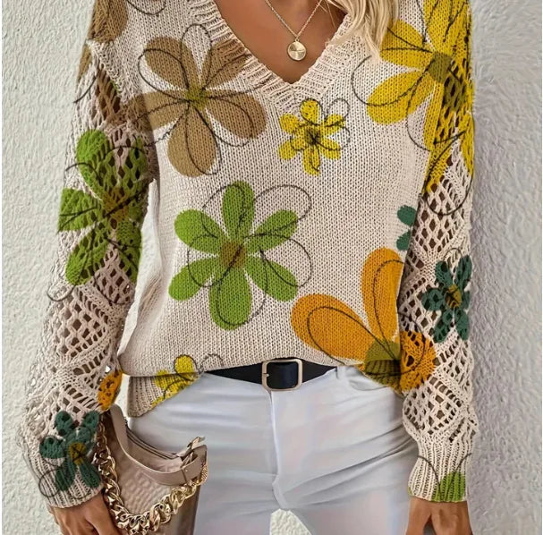 Elegant Bohemian Floral V-neck Long Sleeved Top Fashionable V-neck Pullover Hollow Printed Sweater Pullover 2025 Casual Knitwear