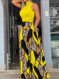 2026 Summer Fashion Printing Two Piece Set Women Casual Solid Sleeveless Tank Top Wide Leg Pants Two Piece Set Women