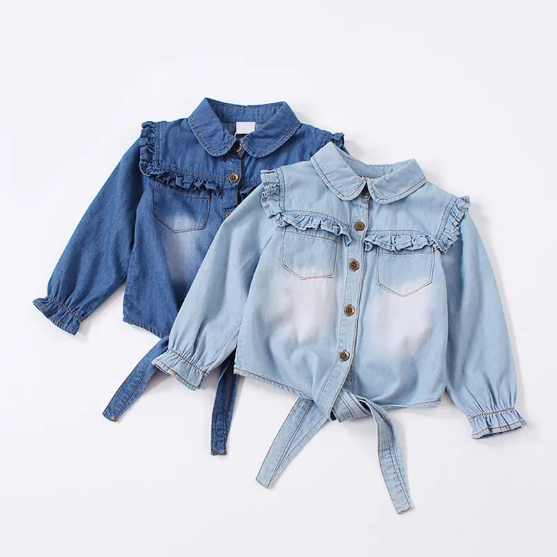 Summer shirt cotton girls clothes casual ruffles denim blouse kids toddler baby girls long sleeve tops children outwear spring