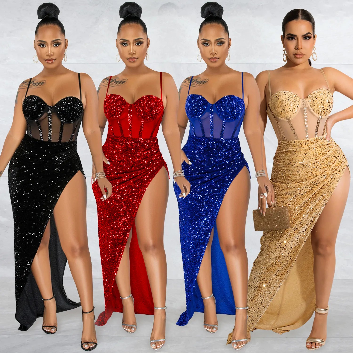 Women Mesh Patchwork High Side Split Sequin Bodycon Midi Backless Maxi Long Dress Sexy Night Party Spaghetti Strap Dress