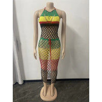 Rainbow Color Hand Knitted Bikini Cover Ups Women Sexy Hollow Out Fishnet Lace Up Halter Backless Holiday Summer Beach Dress