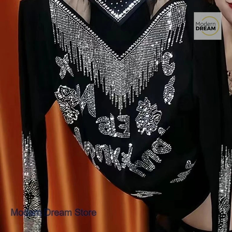 French style high-grade rhinestone bottoming shirt women's spring and autumn new slim semi-high collar versatile bottoming shirt