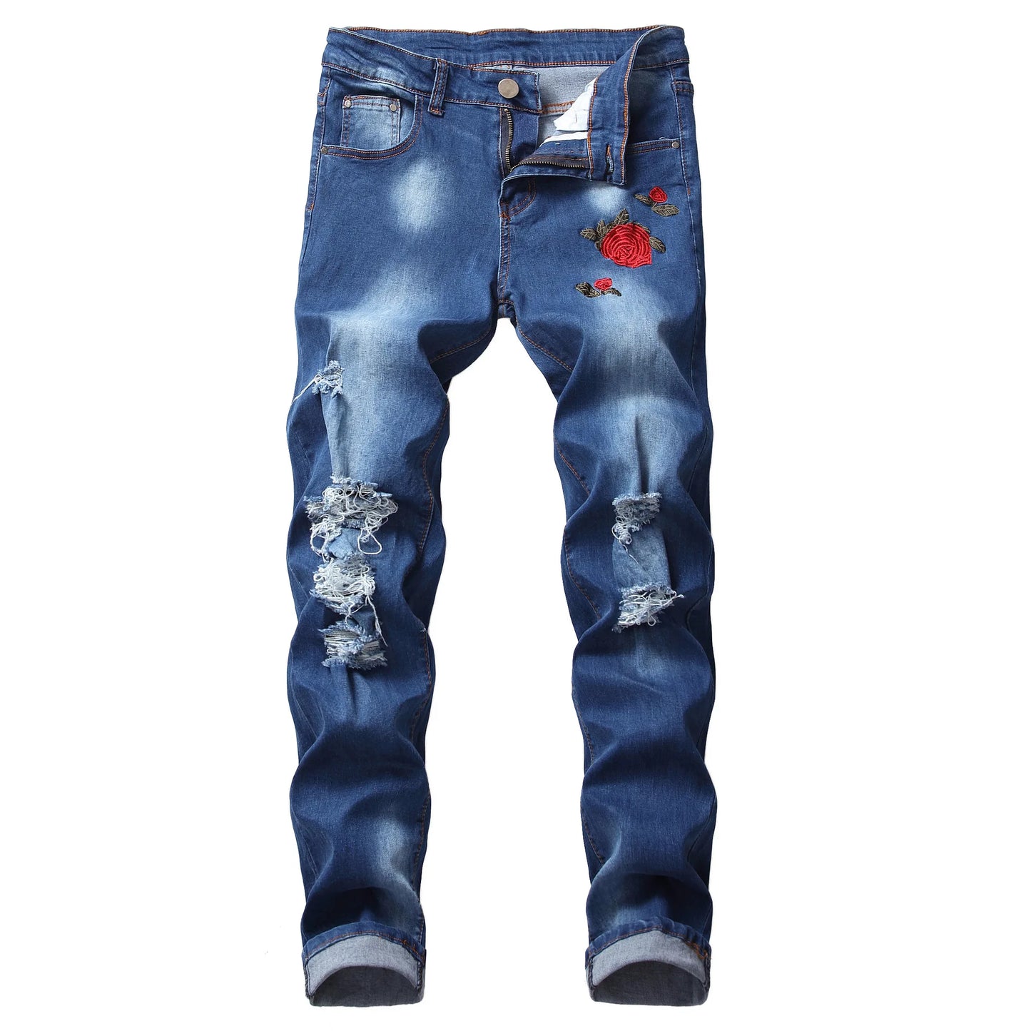 European and American Men's Casual Jeans with Embroidered Roses, Fashionable Ripped, Slim-fit, Stretch, Ankle-length Trousers