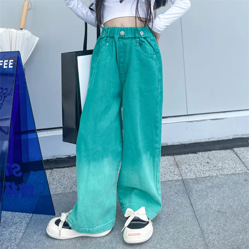 Jeans for Girls Candy Color Fashion Gradient Wide Leg Pants Children's Clothes Spring Autumn Teenager Cotton Streetwear Trousers
