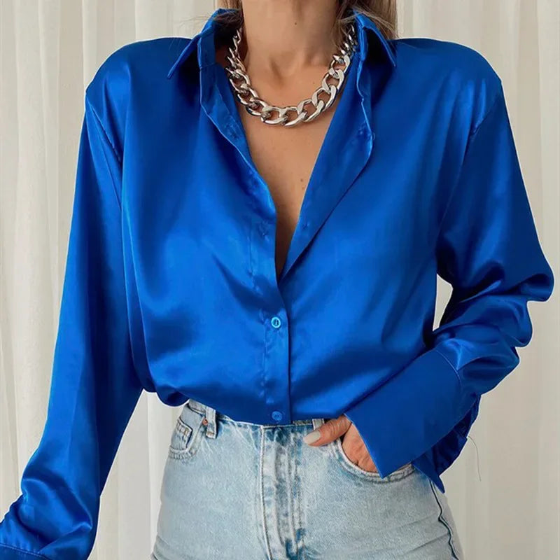 Fashion Long Sleeve Satin Women Shirts Office Lady Elegant Loose Silk Blouses Button Up Tops