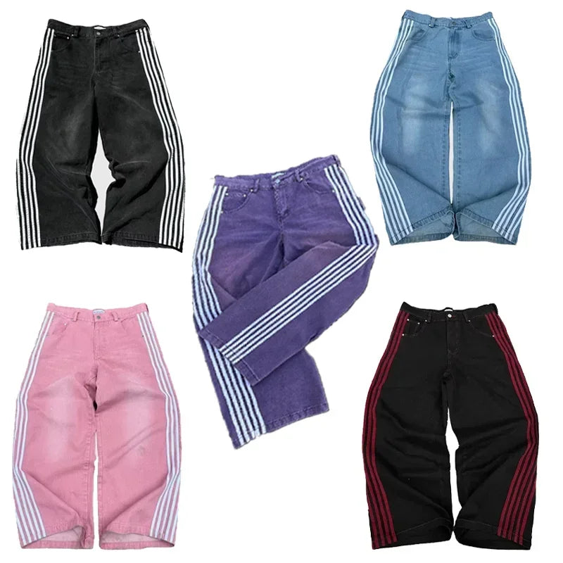 High Street Vintage striped embroidered high-waisted Jeans Men Women casual pants Harajuku Hip Hop Street baggy wide-leg jeans