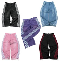 High Street Vintage striped embroidered high-waisted Jeans Men Women casual pants Harajuku Hip Hop Street baggy wide-leg jeans
