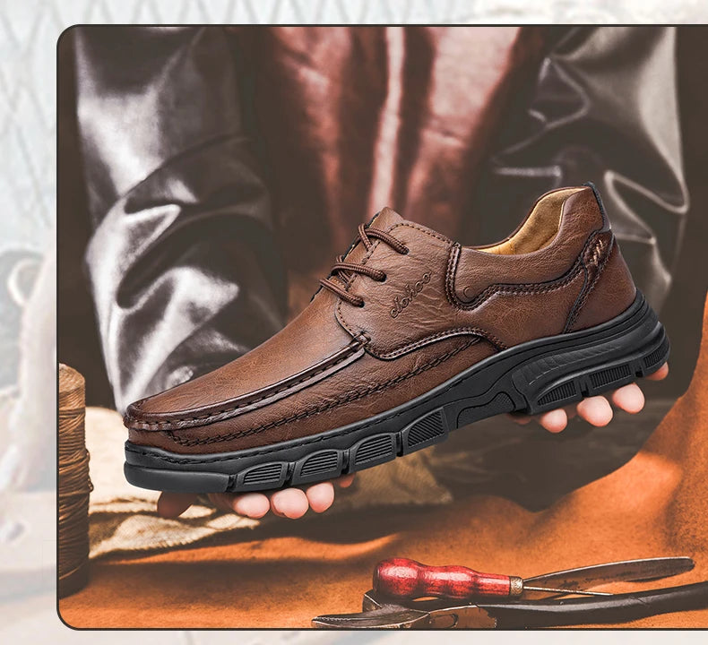 CLOHOO Men's Handmade Thick Rubber Bottom Breathable Casual Leather Shoes Classic Sewn Loafers Comfortable Leisure Footwear