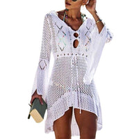 Sexy 2022 Beach Cover Up Crochet Knitted  Women Flared Sleeves Beach Dress