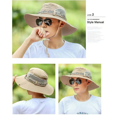 Men Bucket Hat Outdoor UV Protection Wide Brim Panama Safari Hunting Hiking Hat Mesh Fisherman Hat Beach Sunscreen Cap