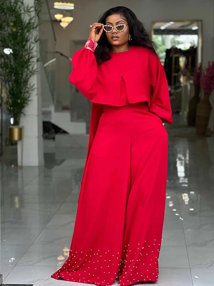 Spring Clothes for Women 2 Piece Sets Women Outfit Lantern Sleeves Suit with Wide Pants and Top High Street Ladies Elegant Sets