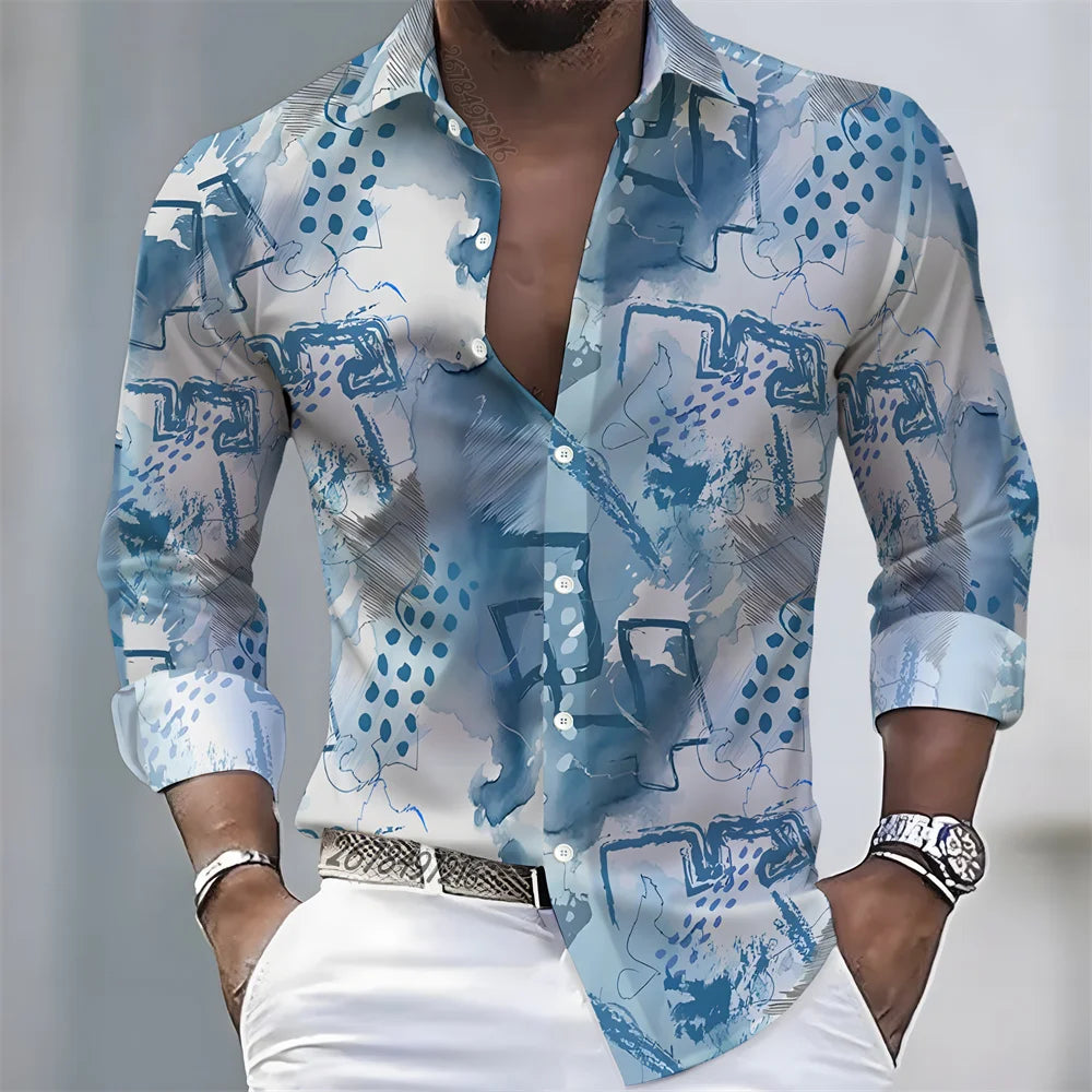 American retro patchwork print men's long-sleeved shirt, casual spring and autumn turn-down collar cardigan, plus size men's top