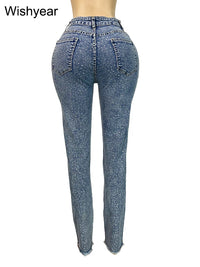 Fashion Skinny Stretch Jeans for Women Luxury Diamonds Hole Pencil Pants High Waist Washed Streetwear Y2k Streetwear Trousers