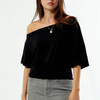 Women's Off Shoulder Short Sleeve Blouse Ruched Waist Fitted Cropped Top Casual Loose Dolman Sleeve Summer Streetwear