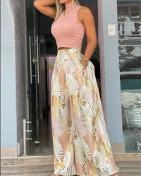 2026 Summer Fashion Printing Two Piece Set Women Casual Solid Sleeveless Tank Top Wide Leg Pants Two Piece Set Women