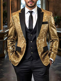 Shiny Sequin Tuxedo Jacket for Men - Royal Blue & Gold Gradient, Black Lapel, Formal Party/Wedding/Stage Wear‌ Coat.