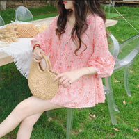 Spring Autumn Fashion Pure Cotton V-neck Printing Blouses Women's Clothing Button Sweet Versatile Floral Bishop Sleeve Blouses