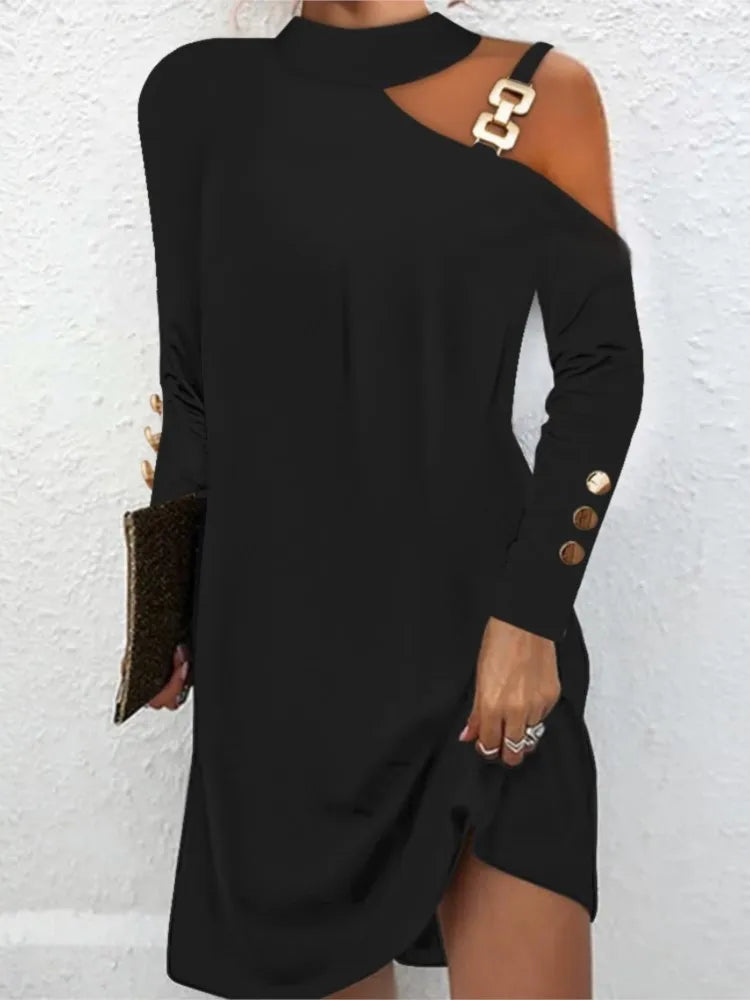 Fashion Women Solid Casual Dress Autumn Winter Female Elegant Long Sleeve Metal Buckle Halter Neck Casual Mini Dress Robe Femme