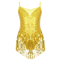 Latin Jazz Dance Dress Gym Kids Girls Shiny Sequins Tassel Fringe Mesh Ballroom Samba Tango Cha Cha Dance Leotards Rave Costume