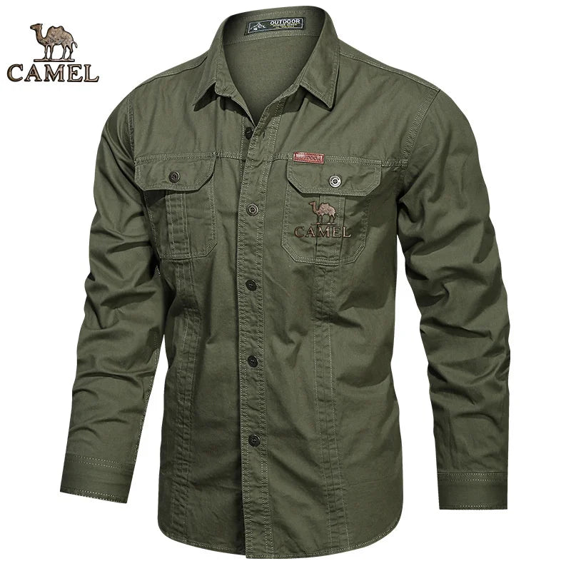 2024 Camel Authentic Emblem Spring and Autumn Season New Shirts for Men's Long sleeved Pure Cotton Casual Solid Color Shirts for