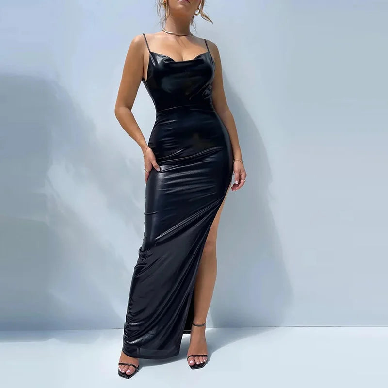 Summer Solid Slim Sleeveless Banquet Dress Hot Girl Backless Split Wrap Hips Dress Sexy Swinging Collar PU Leather Bodycon Dress