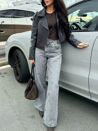 Women's Trousers Denim Solid Asymmetric High Waist Straight Long Pants Lady Versatile Basic 2025 New Woman Wide Leg Jeans