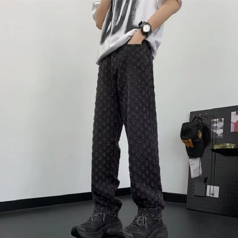 Jacquard All Over High Street Jeans Mens 2024 New Straight Lift Pattern Loose Wide Leg Jeans Casual Boyfriend Jeans Pants Tide