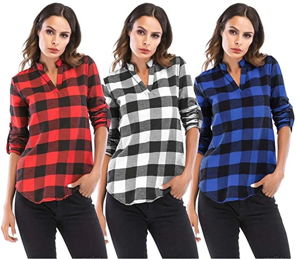 MisShow 5XL Women's Plaid Shirts Casual Notch V Neck Blouse Cuffed Long Sleeve Pullover Soft Tunic Shirt Camisas Beach Sun Tops