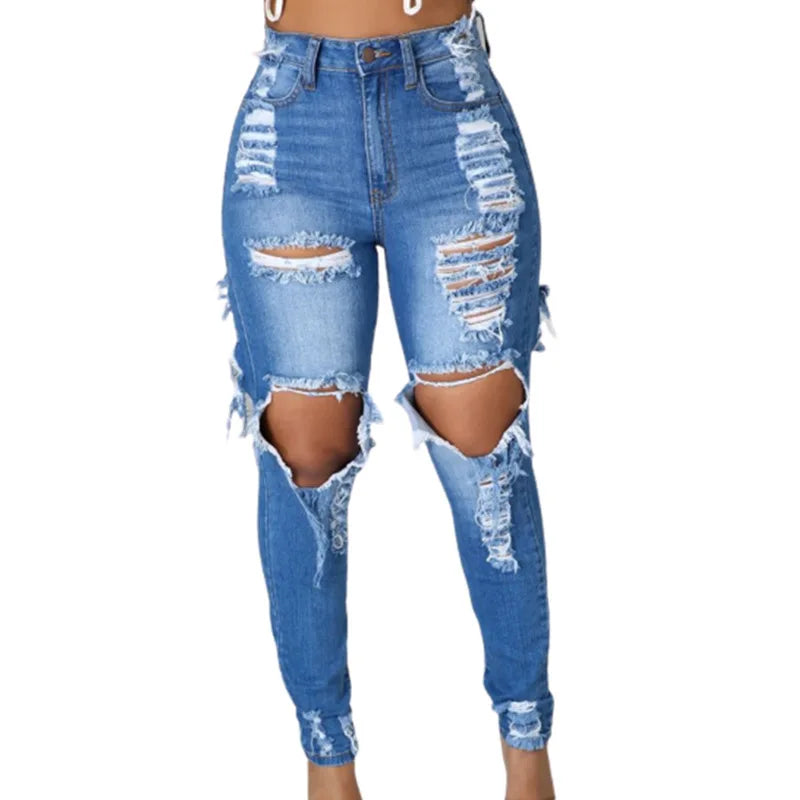 2023 Spring New Elastic Washed Holes Tight Street Jeans Women Treet Skinny High Waist Lady Pant Sexy Hole Hollow Out Jeans