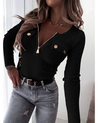 Y2K women's fashion simple slim top new V-neck long-sleeved casual T-shirt elegant zipper autumn and winter threaded knitted top