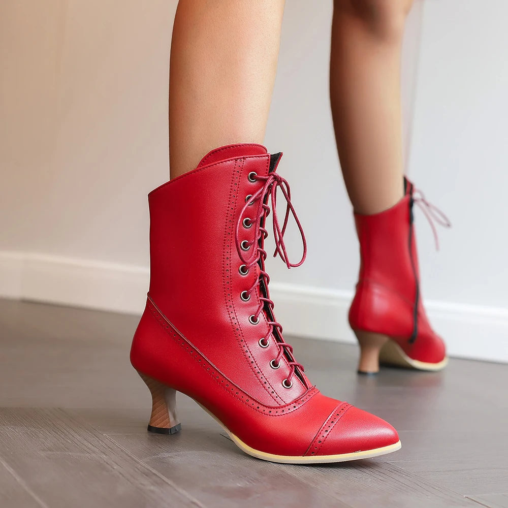 2025 New Lace Up Ladies High Heel Shoes Strange Steampunk Boot Victorian Ankle Boots Women Pointed Toe Thick Soled Short Boots