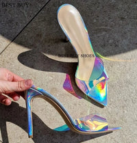 2023 New Women's Open Toe Mules Gold Silver Slip on Thin High Heel Sandals Banquet Sexy Fashion Ladies Sandals Plus Size 35-43