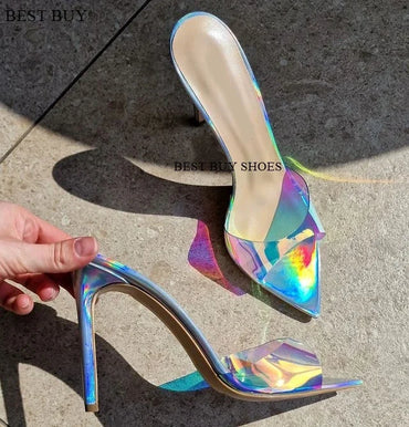 2023 New Women's Open Toe Mules Gold Silver Slip on Thin High Heel Sandals Banquet Sexy Fashion Ladies Sandals Plus Size 35-43
