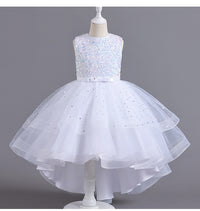 Glitter Sequin Hi-Lo Child Flower Girl Dresses Birthday Tulle Sleeveless Bow Starry Princess Kids Wedding Party Formal Gown