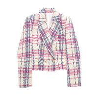 TRAF Plaid Tweed Blazer Women Textured Cropped Jacket Women Double Breasted Blazer Women Long Sleeve Button Blazers for Women