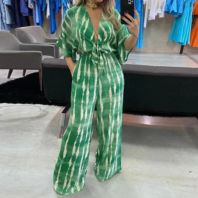 Women Jumpsuit Printed Hanging Neck Sexy Backless Lace-up Slit Jumpsuit Loose Wide Leg Pants Bare Shoulder Casual Romper Women