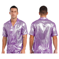 Mens  Shine Button See Through Shirt Top for Disco Party Rave Outfits Turn-down Collar Hip Hop Blouses Beachwear Rave Clubwear