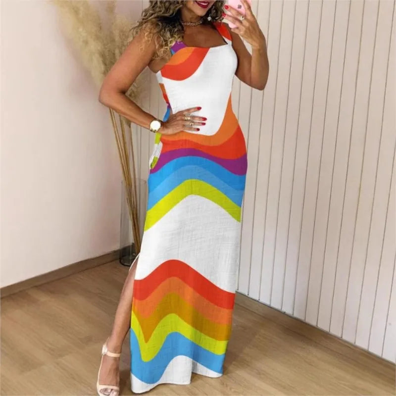 Boho Womens Summer Dress Retro Print Casual Slim Slit Square Neck Sleeveless Strappy Elegant  Tank Dresses For Women Robe