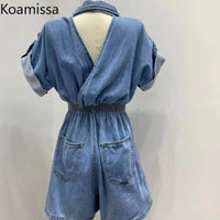 Koamissa Fashion New Women Denim Jumpsuits Ladies Short Sleeves Summer Jeans Rompers Waist Slim Causal Loose A Line Playsuits