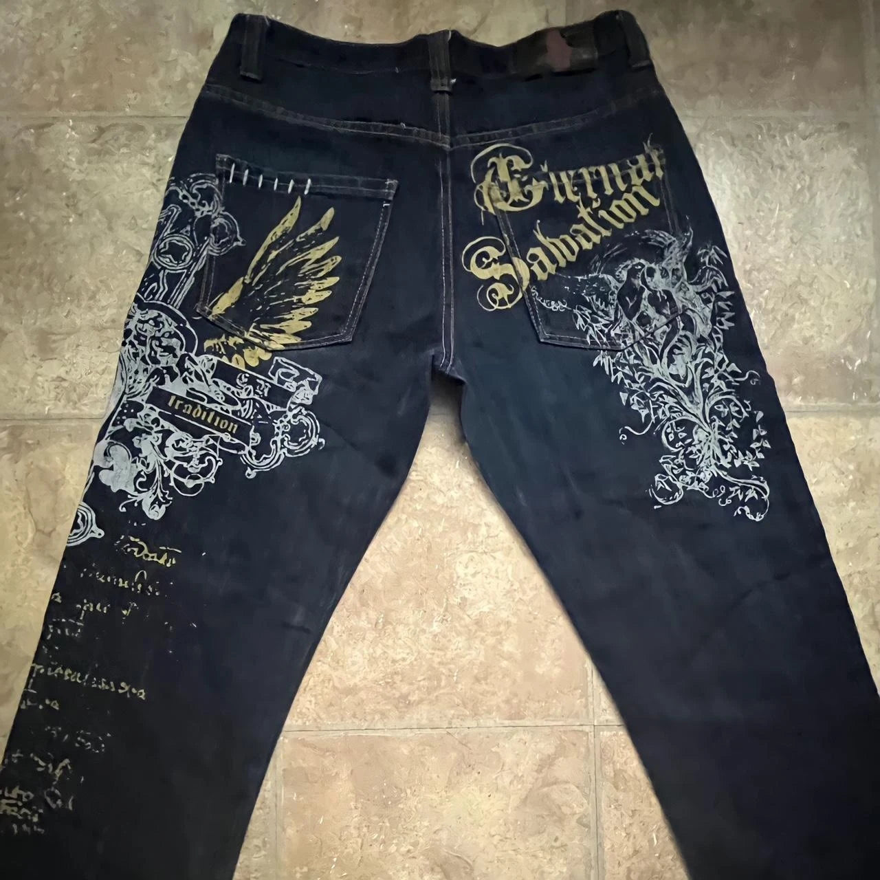 2000s washing old vintage printed jeans men gothic trend loose pants super large washing hip hop fashion wide pants