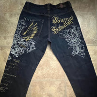 2000s washing old vintage printed jeans men gothic trend loose pants super large washing hip hop fashion wide pants