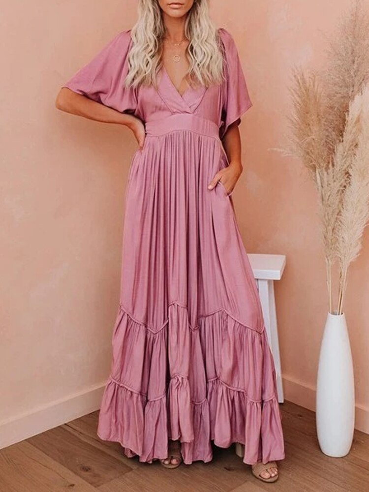 Flounced Edge Maxi Dresses for Women 2022 Maternity Short Sleeve V Neck Sexy Beach Wear Loose Fit Solid Summer Dress High Waist