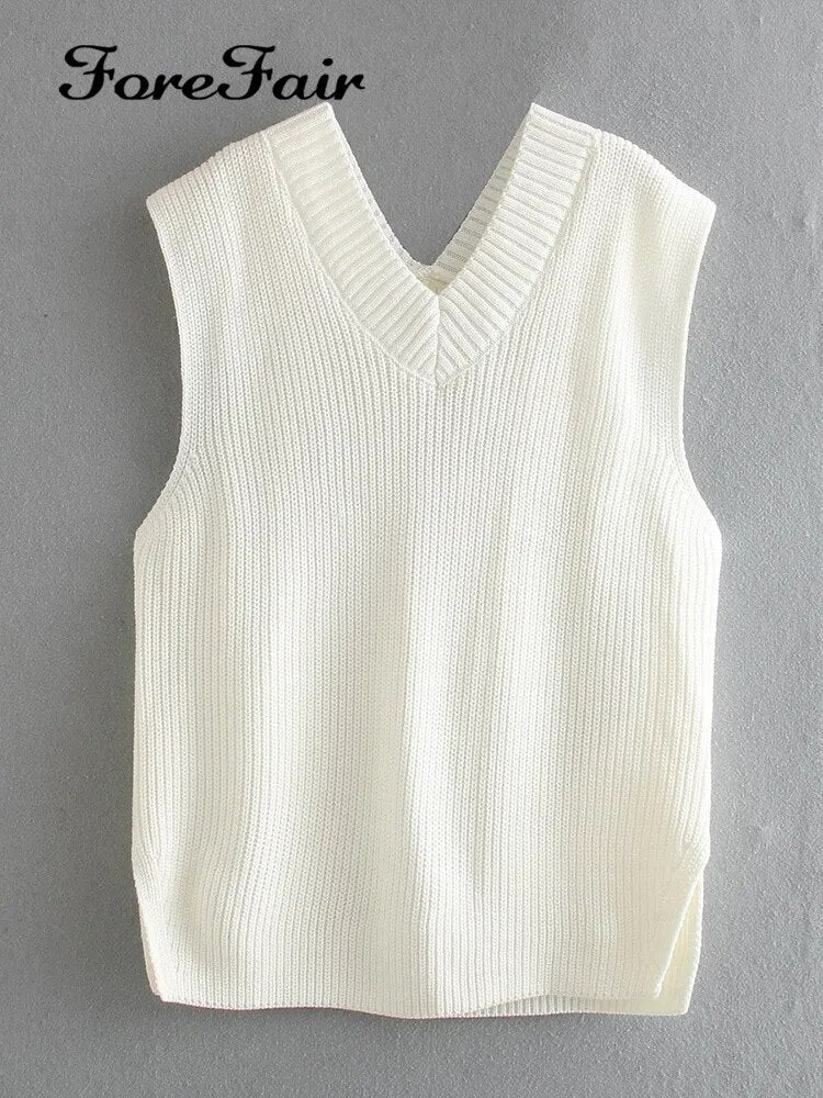 Forefair V Neck Sleeve White Knitted Autumn Winter Women Sweater Vests Casual Loose Outwear Solid Sweater Preppy Style Vests