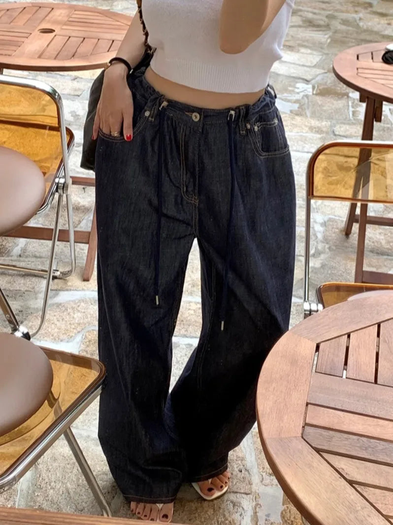 High Waist Dstring Loose Wide Leg Jeans for Women Faionable Versatile Long Pants Taller Women Spring Autumn Winter