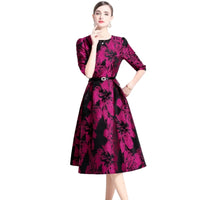 New Spring  French Temperament Elegant Jacquard Exquisite Dress Women's O-Neck Half Sleeve Slim Waist Dresses