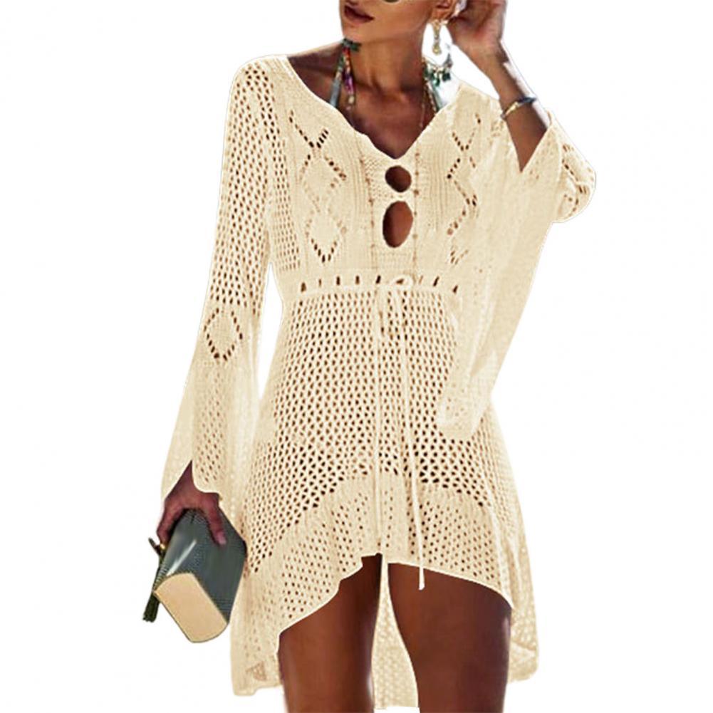 Sexy 2022 Beach Cover Up Crochet Knitted  Women Flared Sleeves Beach Dress