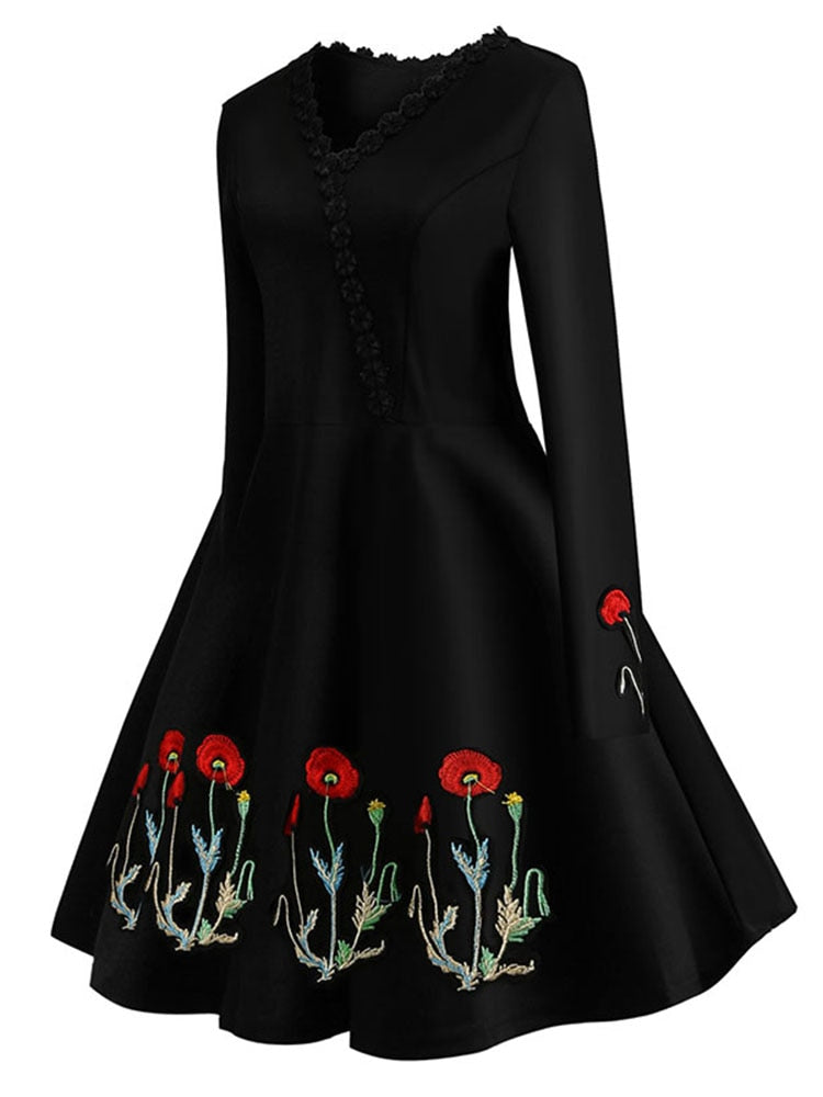 Women Embroidery Vintage Dress Black Elegant Bodycon Party Dresses